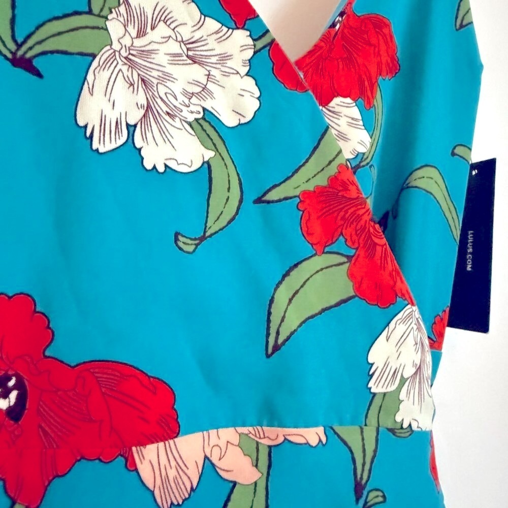 Lulus Country Club Teal Blue Floral Print Wrap Midi Dress Size S NWT - Picture 14 of 15